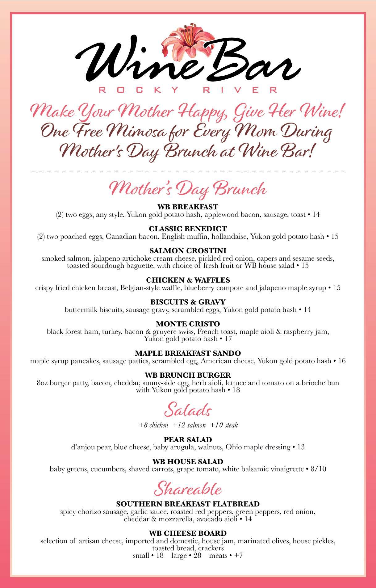 Mother's Day Brunch RRWB! Rocky River Wine Bar